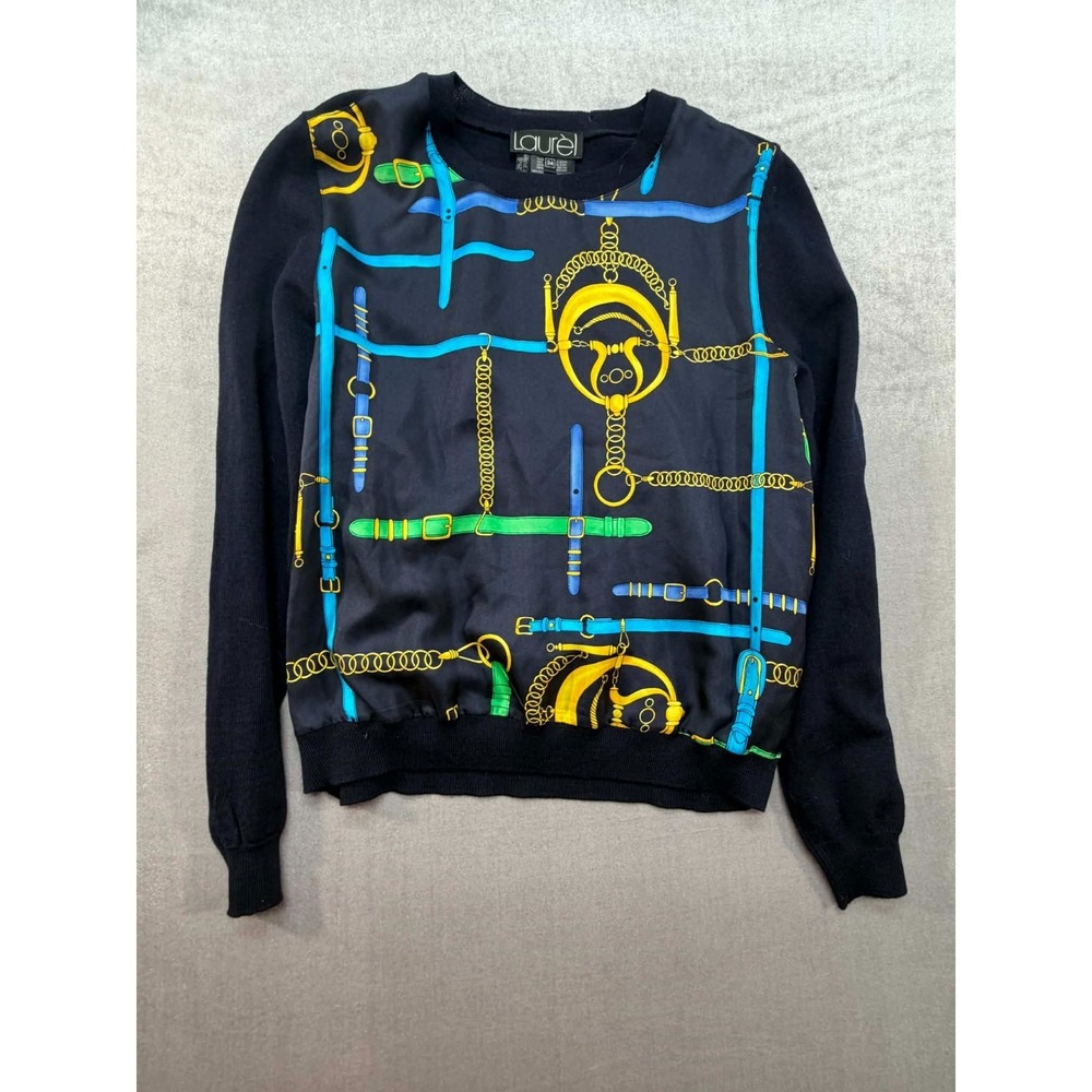 Vintage Laurel Sweater Cardigan Belt Pattern Black Virgin Wool Size 34 Small
